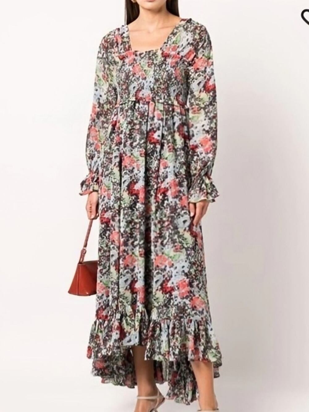 Cinq à Sept Leigh Abstract Floral Chiffon Smocked Ruffle Midi Dress NWT Size 0